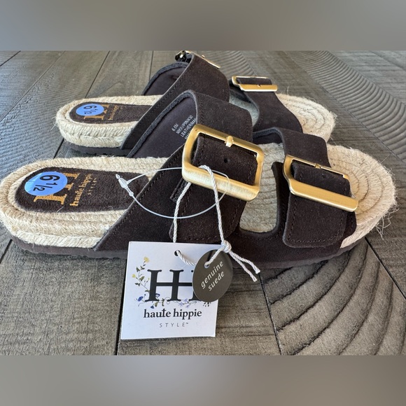 Haute Hippie Shoes - Haute Hippie Dark Brown Suede Buckle Slide Sandals Women’s Size 6.5 (NWOT)